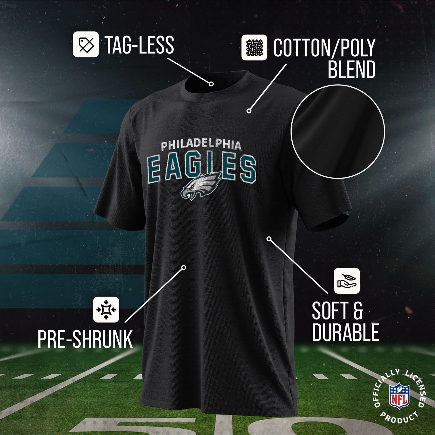 Philadelphia Eagles NFL Youth Starting Fresh Tee- Pro Football Tag-Less T-Shirt For Boys & Girls - Black