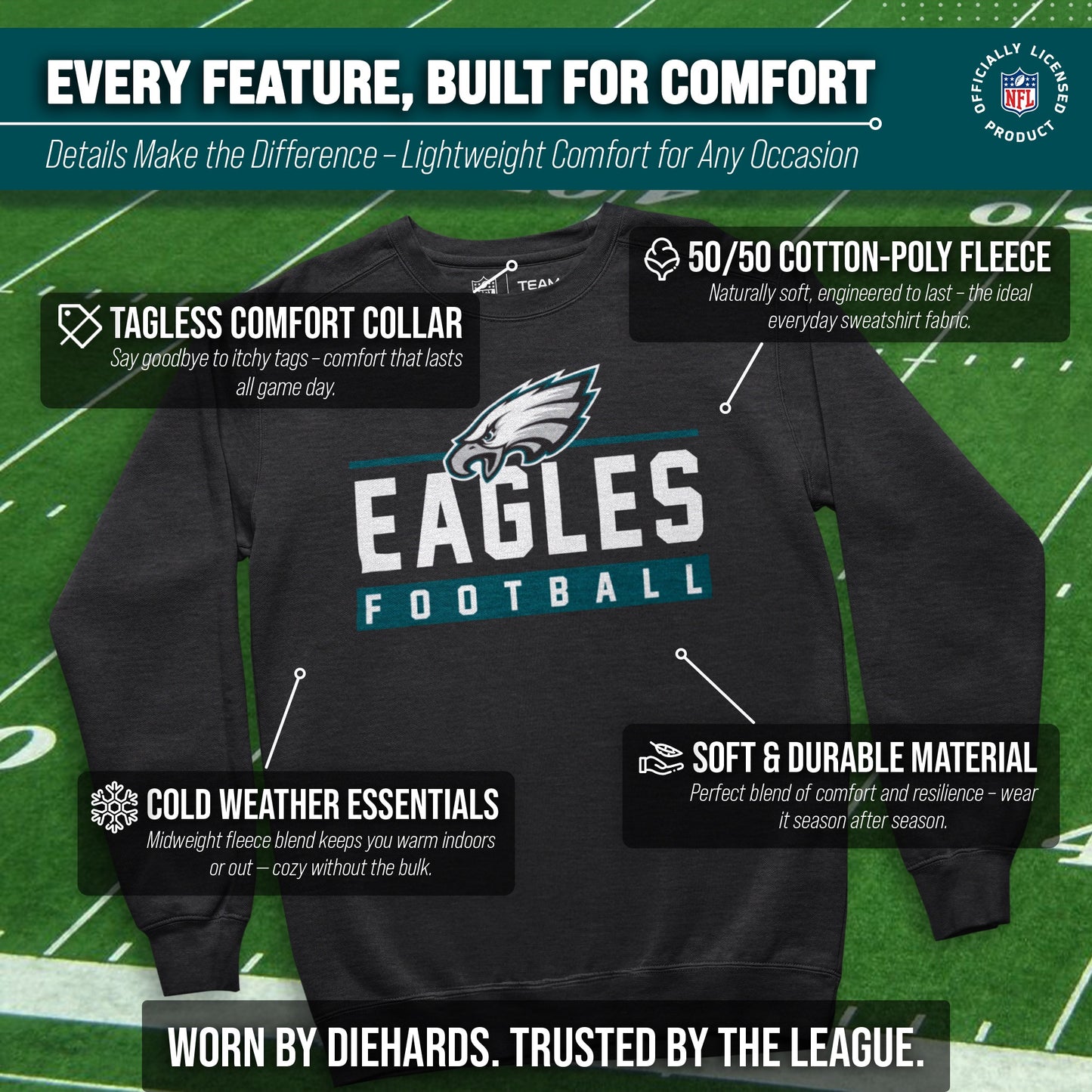 Philadelphia Eagles NFL Adult True Fan Crewneck Sweatshirt - Charcoal