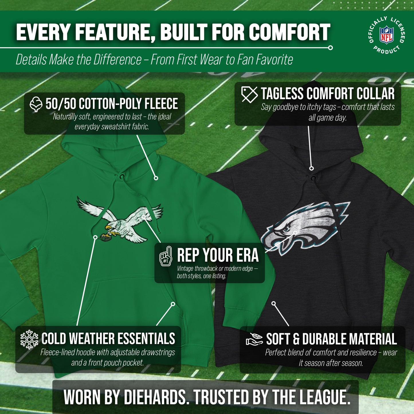 Philadelphia Eagles NFL Adult Unisex Modern Throwback Ultra Soft Fleece Hooded Sweatshirt - Kelly Green