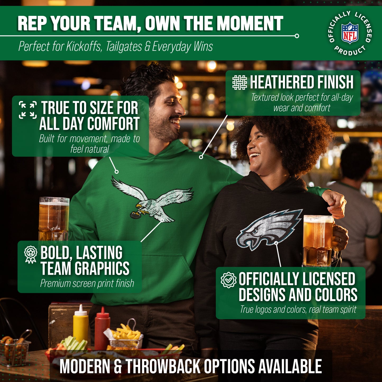 Philadelphia Eagles NFL Adult Unisex Modern Throwback Ultra Soft Fleece Hooded Sweatshirt - Kelly Green