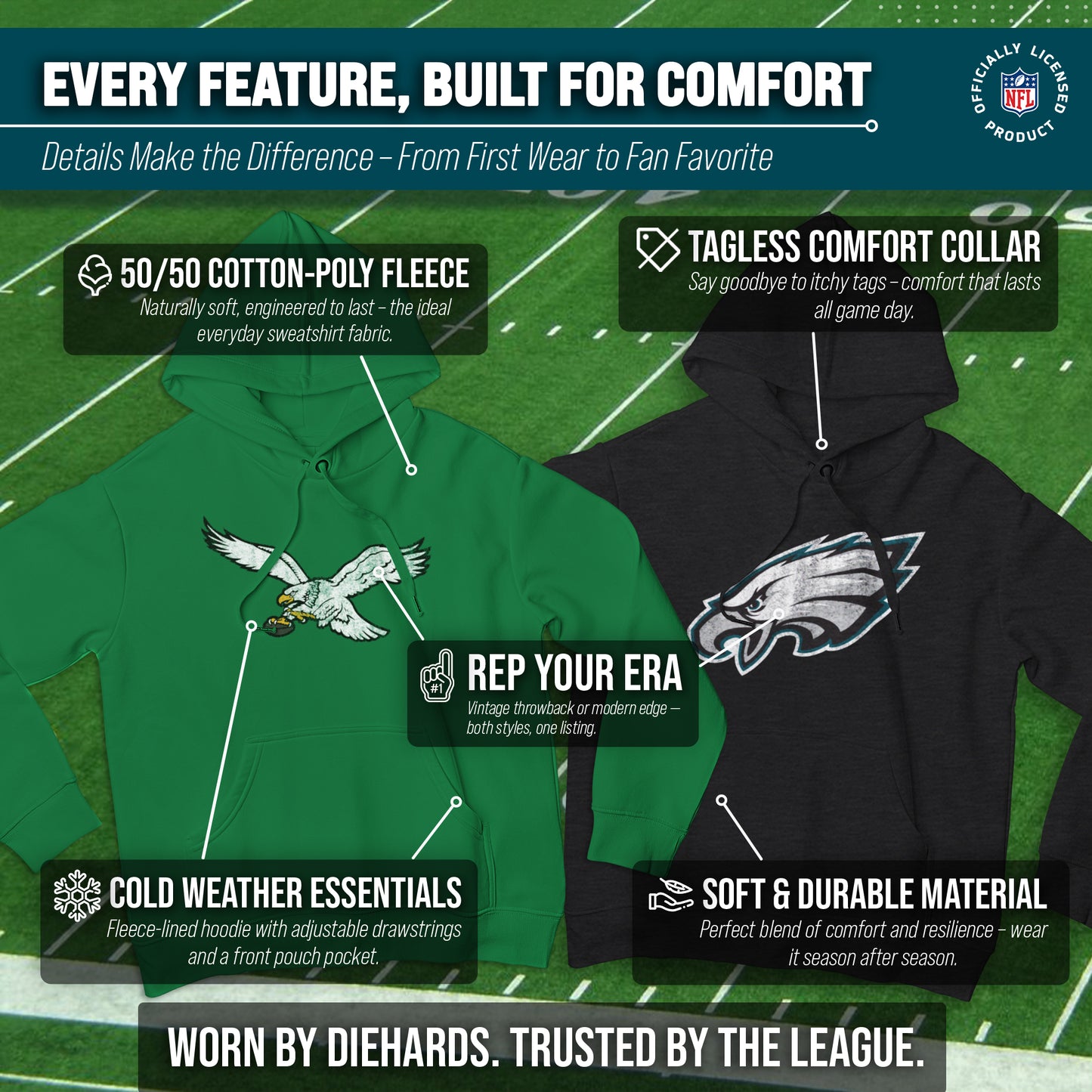 Philadelphia Eagles NFL Adult Unisex Modern Throwback Ultra Soft Fleece Hooded Sweatshirt - Black Heather