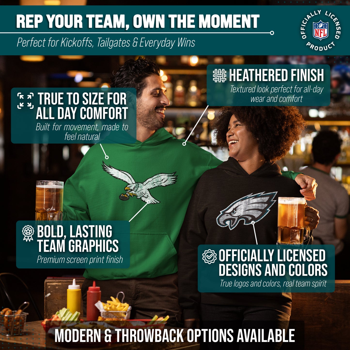 Philadelphia Eagles NFL Adult Unisex Modern Throwback Ultra Soft Fleece Hooded Sweatshirt - Black Heather