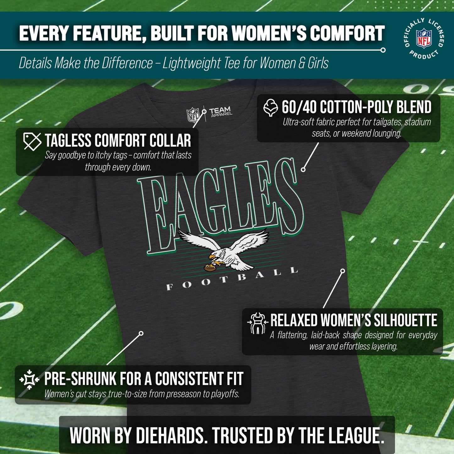 Philadelphia Eagles NFL Womens Overtime Blueprint Tag-Less T-Shirt - Black