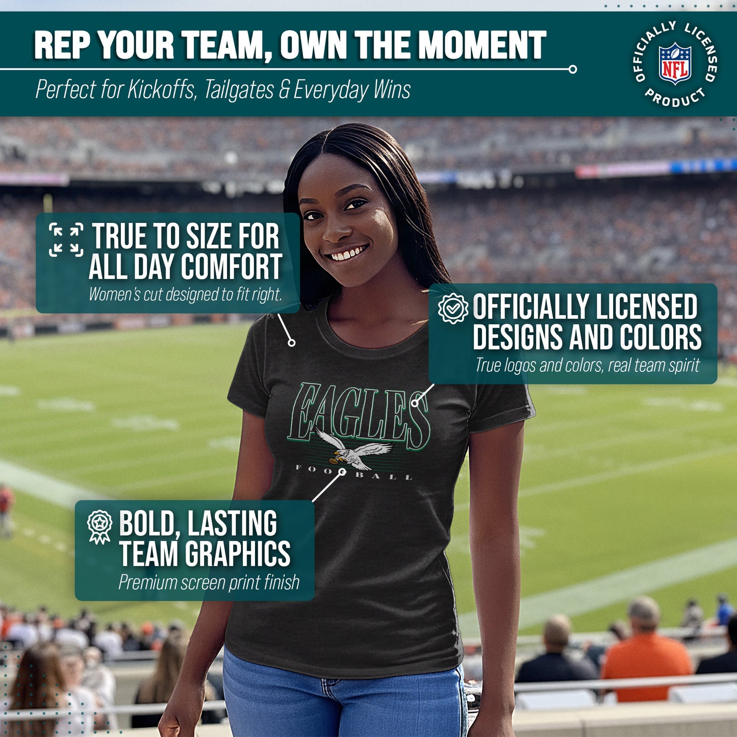 Philadelphia Eagles NFL Womens Overtime Blueprint Tag-Less T-Shirt - Black