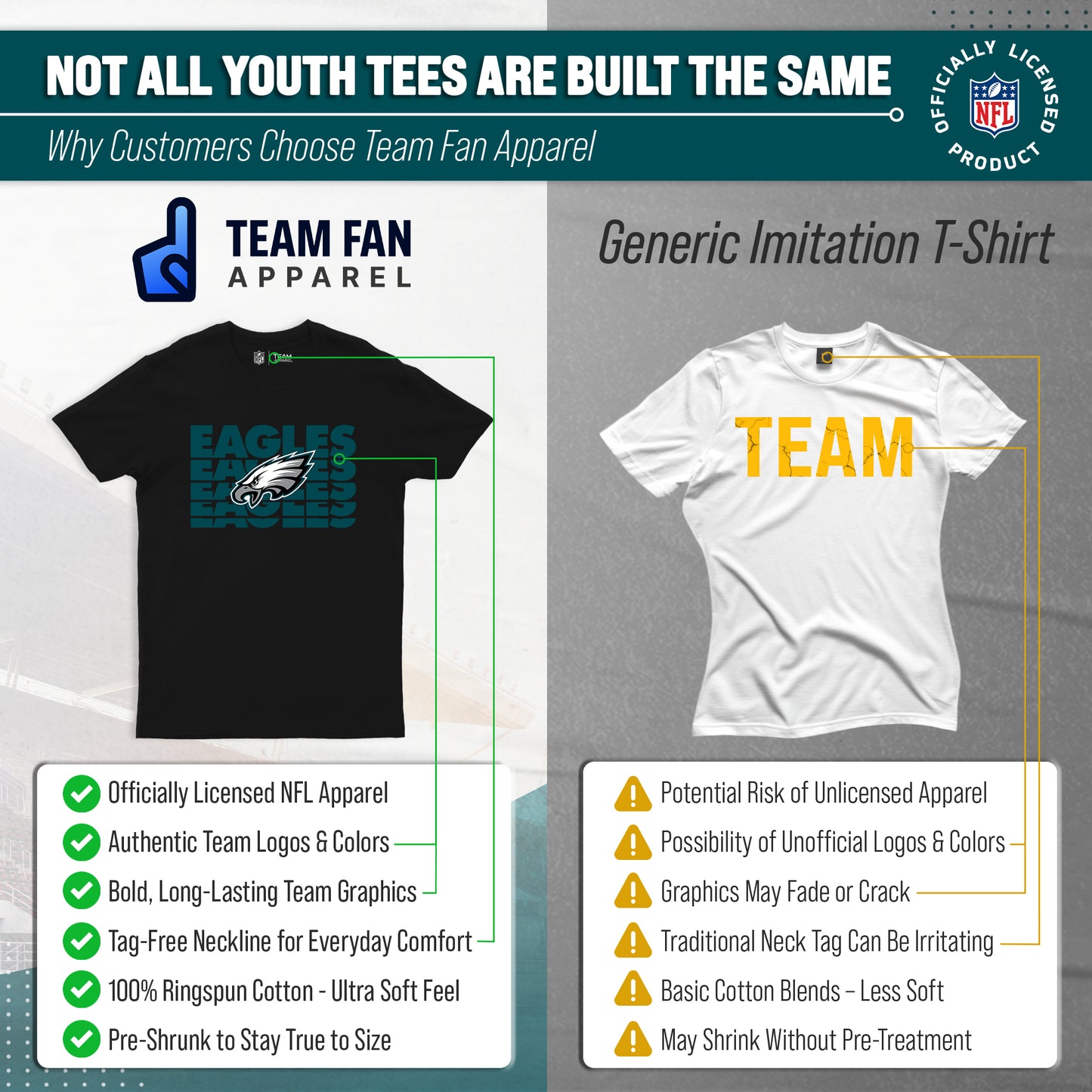 Philadelphia Eagles NFL Youth Repeating Logo Football T-Shirt Unisex Tag Free Comfortable - Black
