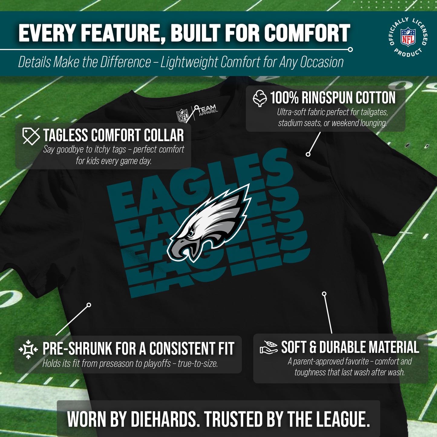 Philadelphia Eagles NFL Youth Repeating Logo Football T-Shirt Unisex Tag Free Comfortable - Black