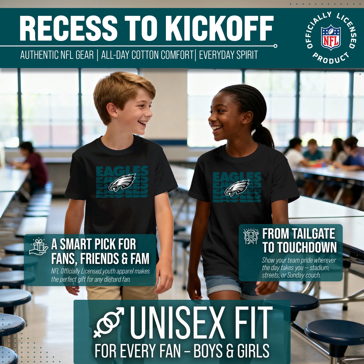 Philadelphia Eagles NFL Youth Repeating Logo Football T-Shirt Unisex Tag Free Comfortable - Black