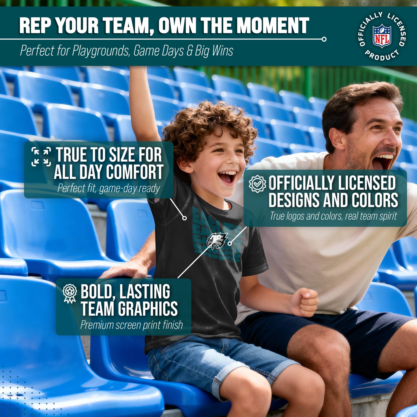 Philadelphia Eagles NFL Youth Repeating Logo Football T-Shirt Unisex Tag Free Comfortable - Black