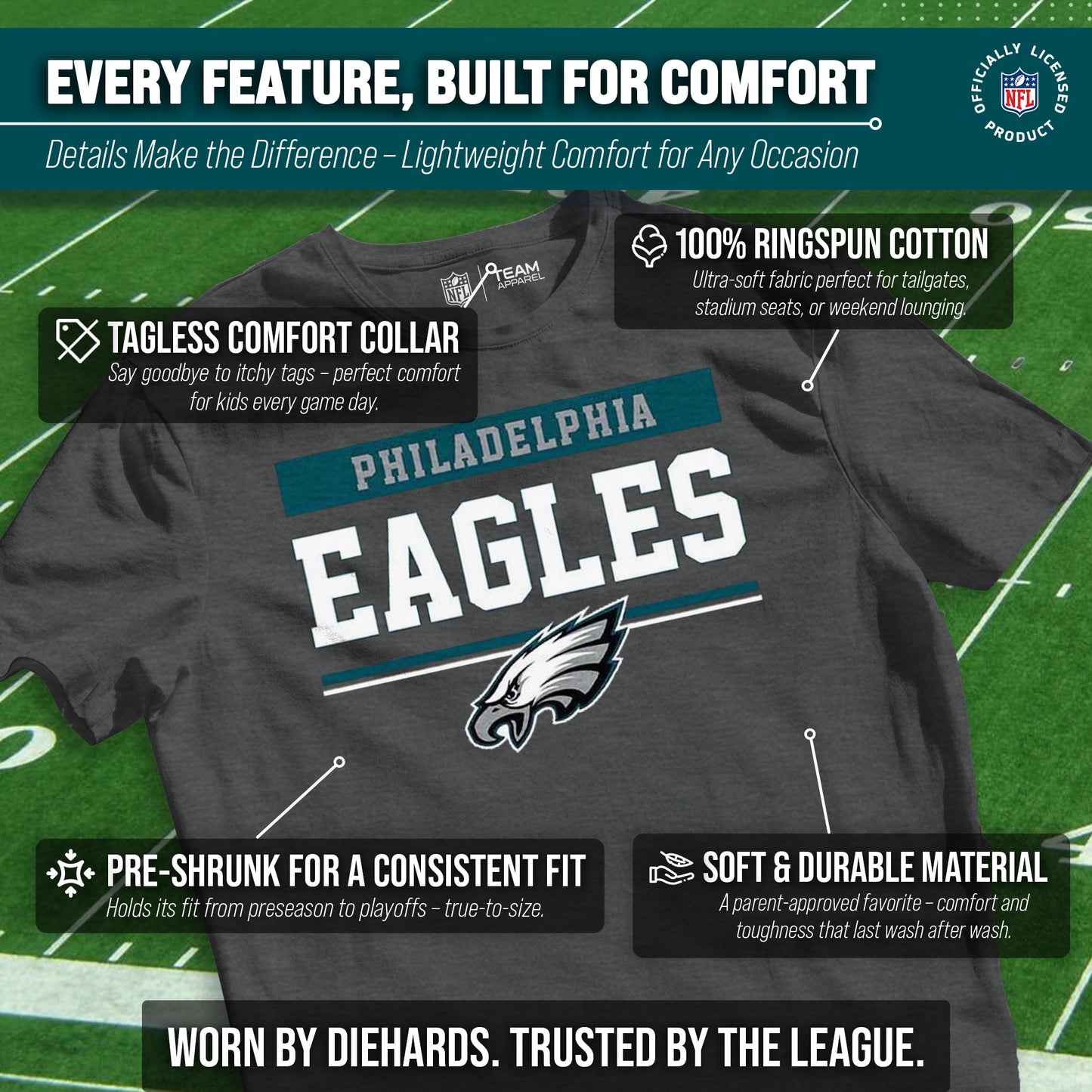 Philadelphia Eagles NFL Youth Short Sleeve Charcoal T Shirt - Charcoal