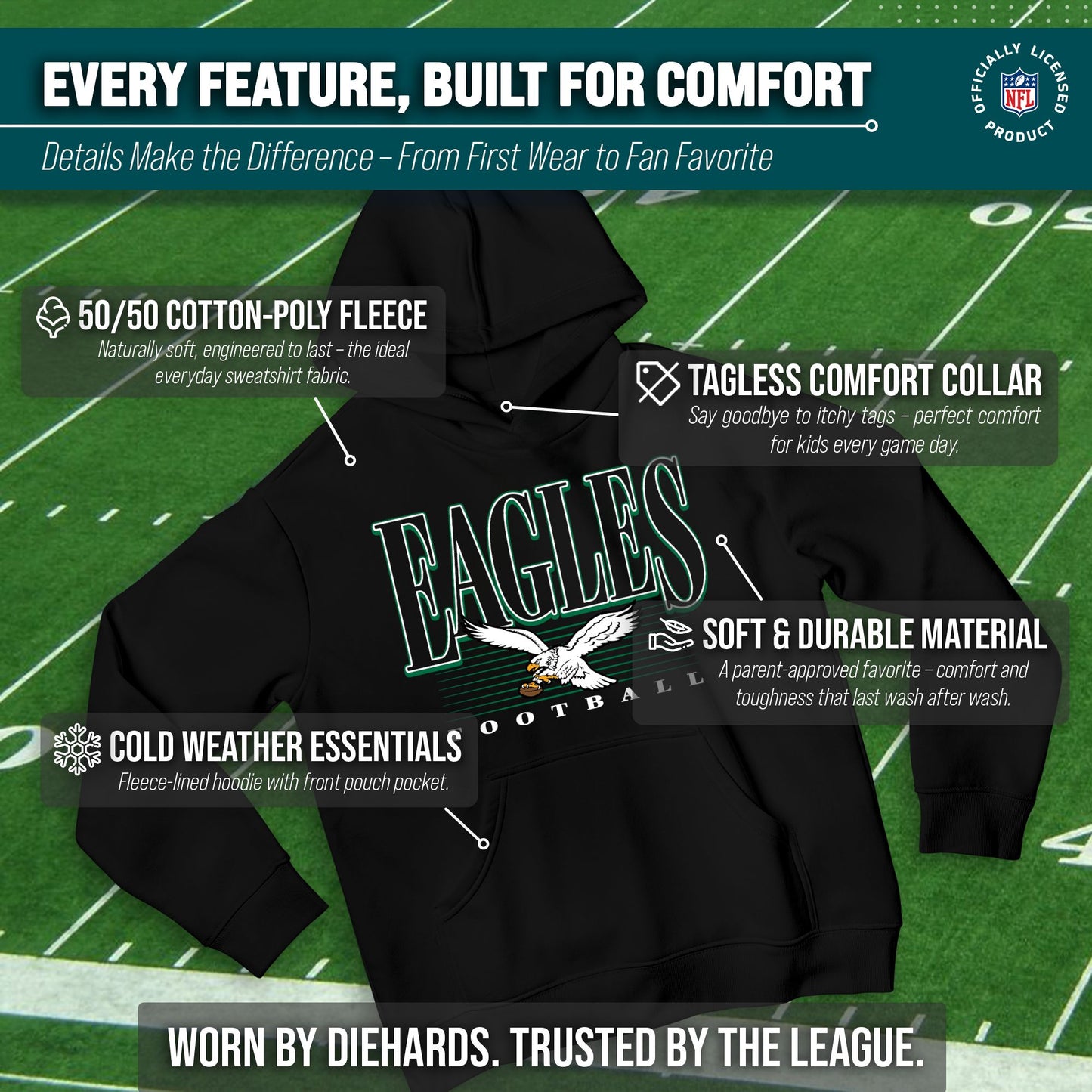 Philadelphia Eagles NFL Youth Overtime Blueprint Football Fleece Hooded Sweatshirt - Black