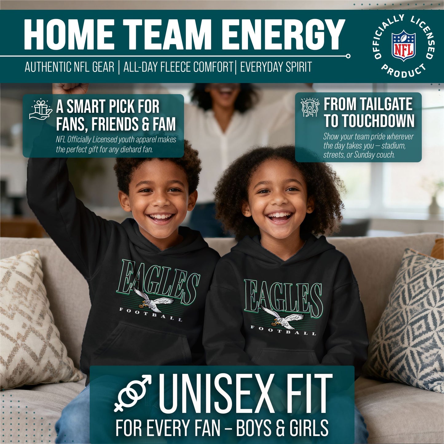 Philadelphia Eagles NFL Youth Overtime Blueprint Football Fleece Hooded Sweatshirt - Black