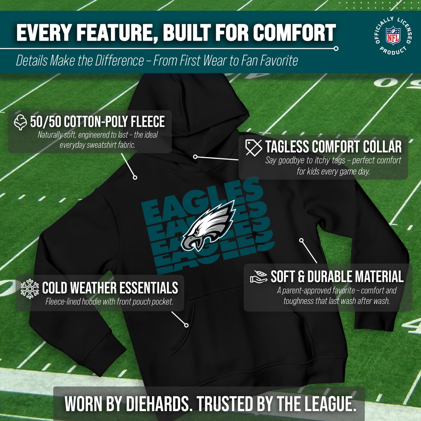 Philadelphia Eagles NFL Youth Repeating Logo Football Fleece Hooded Sweatshirt - Black