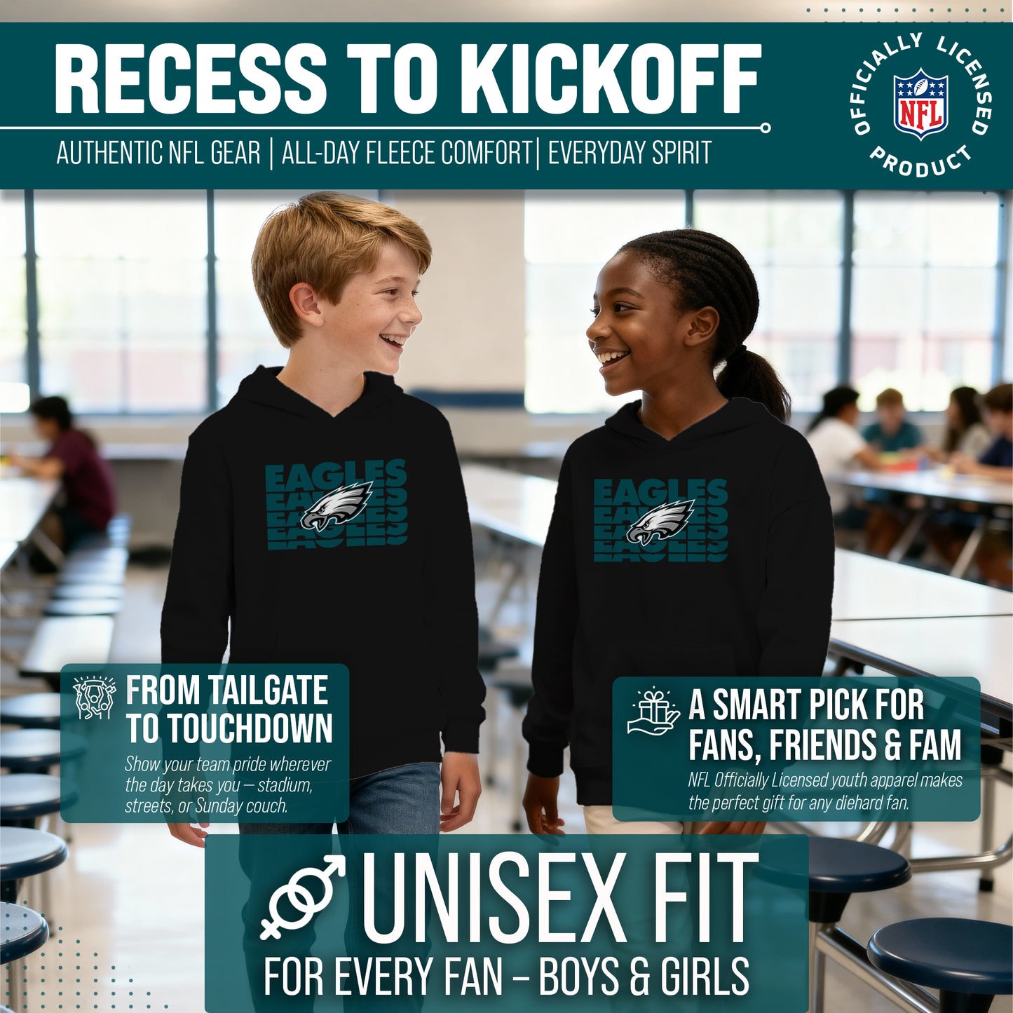 Philadelphia Eagles NFL Youth Repeating Logo Football Fleece Hooded Sweatshirt - Black