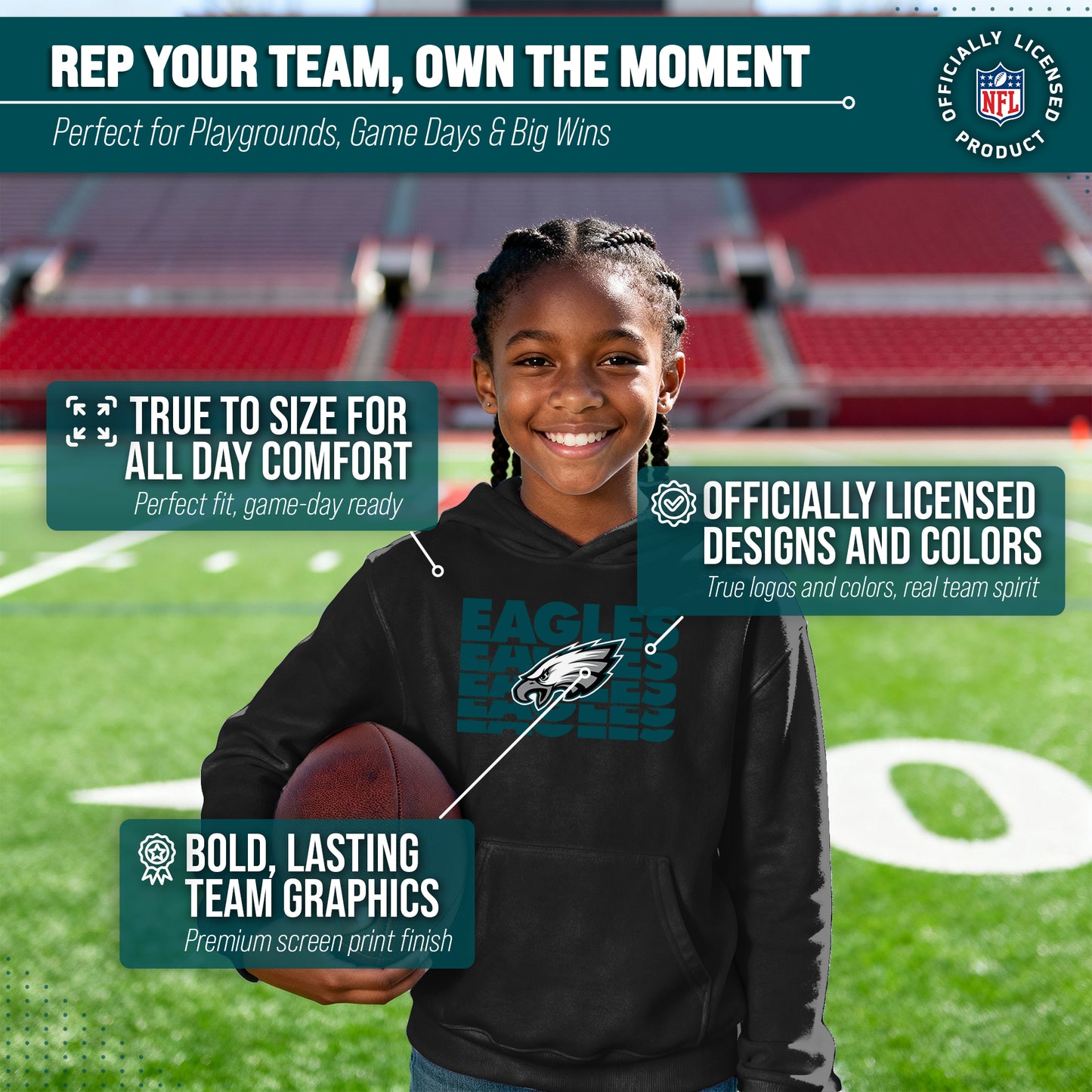 Philadelphia Eagles NFL Youth Repeating Logo Football Fleece Hooded Sweatshirt - Black