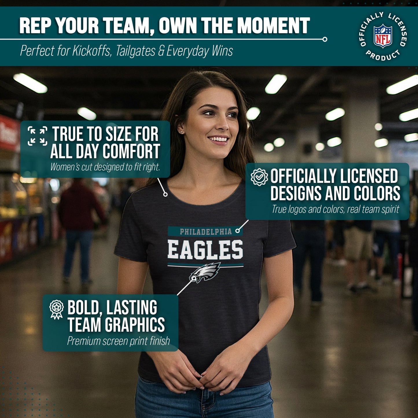 Philadelphia Eagles NFL Women's Team Block Charcoal Tagless T-Shirt - Charcoal