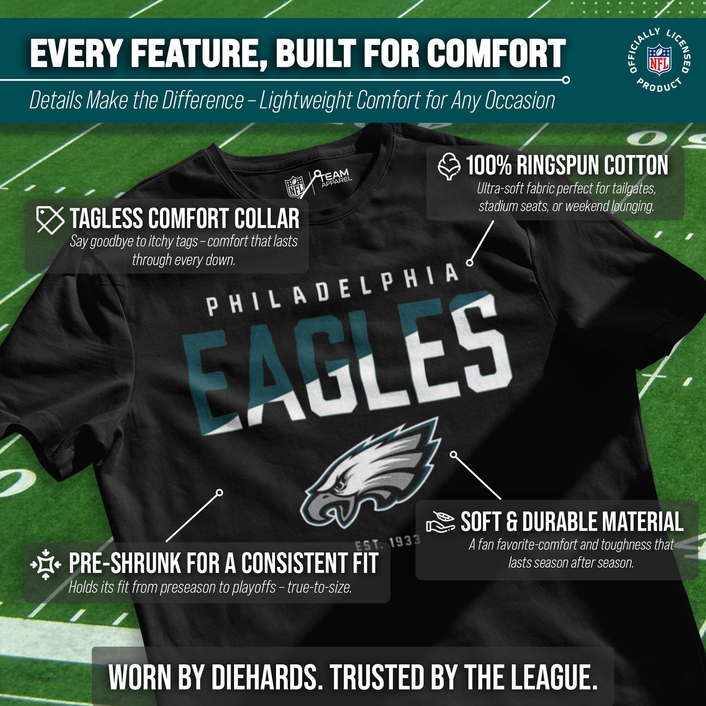 Philadelphia Eagles Adult NFL Diagonal Fade Color Block T-Shirt - Black