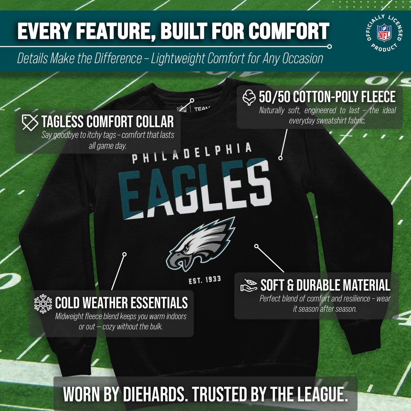 Philadelphia Eagles Adult NFL Diagonal Fade Color Block Crewneck Sweatshirt - Black