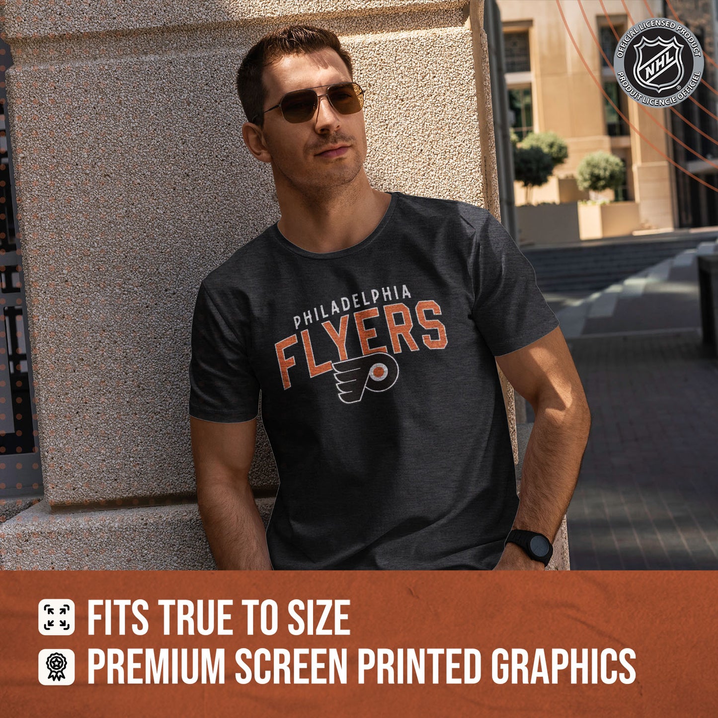 Philadelphia Flyers NHL Adult Powerplay Heathered Unisex T-Shirt - Black Heather