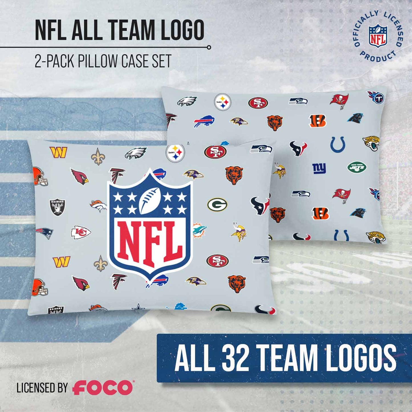 NFL  Repeating Team Logo Pillowcase 2 Pack- Standard Size -Officially Licensed Bedding- Football Pride! - Team Color