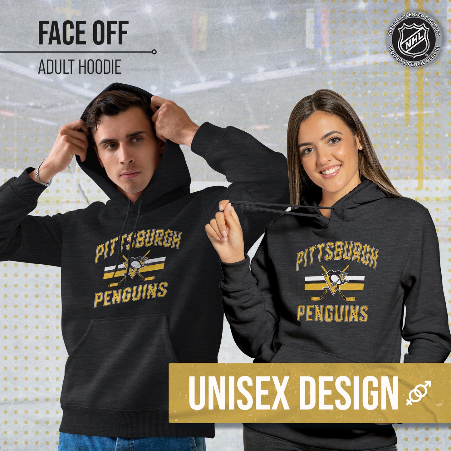 Pittsburgh Penguins Adult NHL Faceoff Hockey Fleece Hooded Sweatshirt- Jersey Stripe - Black