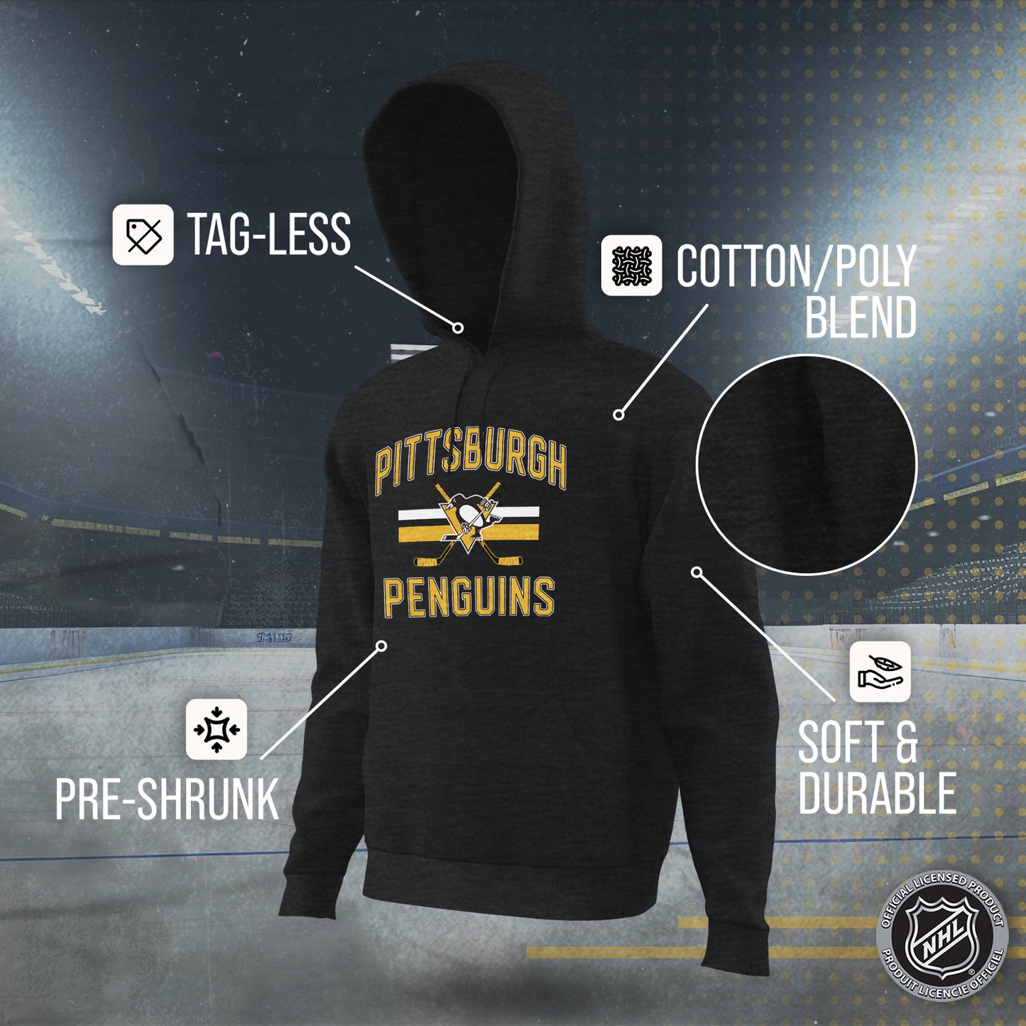 Pittsburgh Penguins Adult NHL Faceoff Hockey Fleece Hooded Sweatshirt- Jersey Stripe - Black