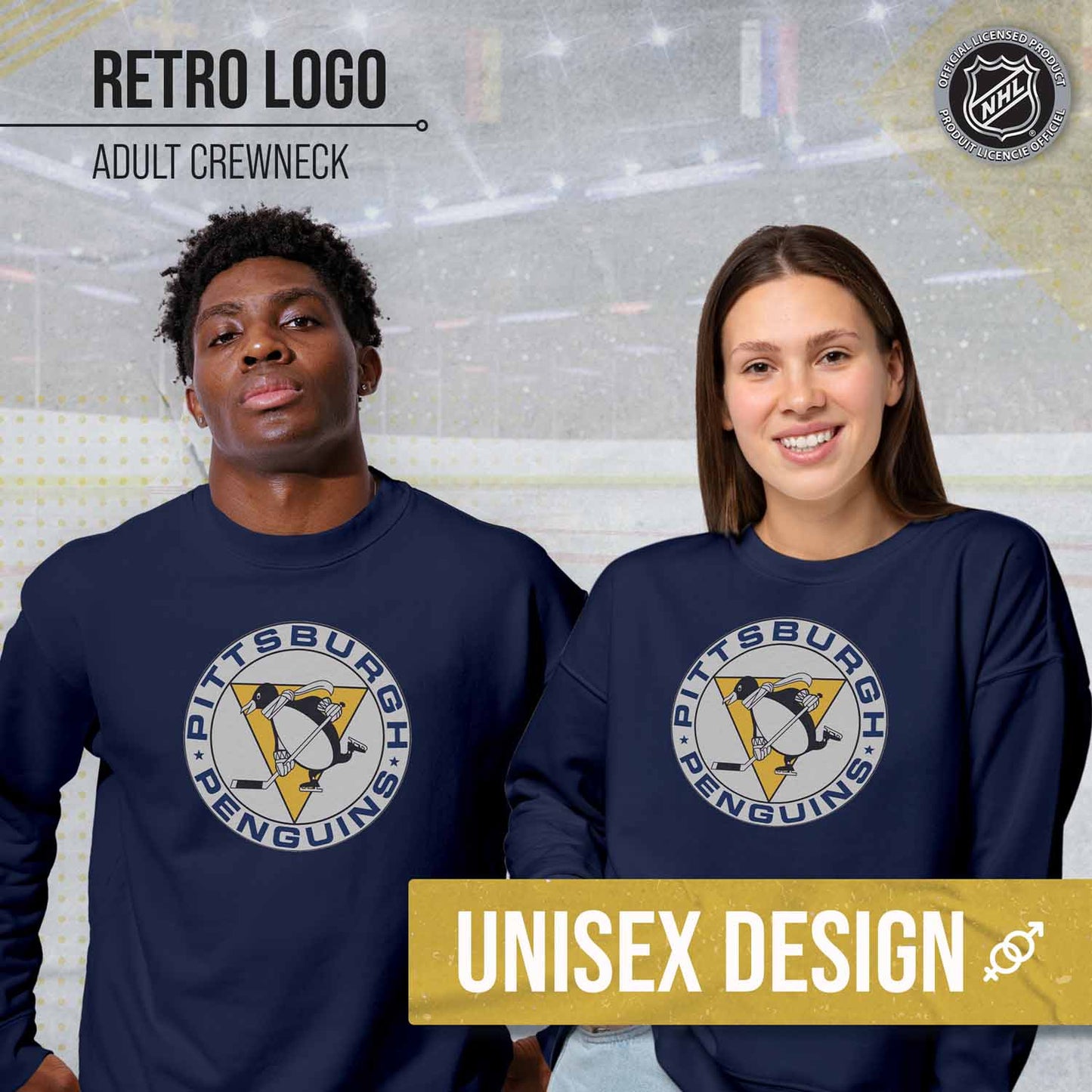 Pittsburgh Penguins Adult NHL Retro Logo Hockey Fleece Crewneck Sweatshirt - Navy Heather