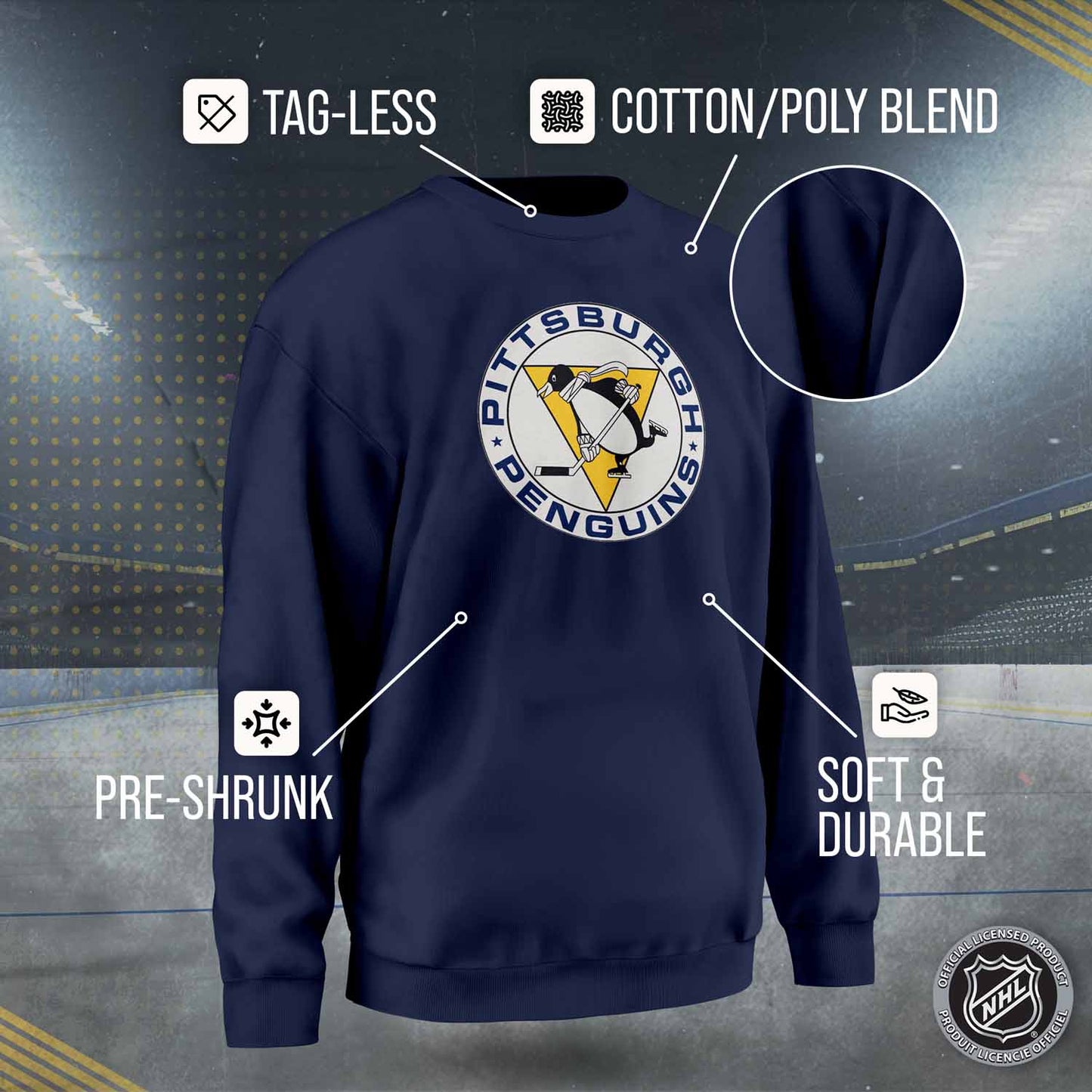 Pittsburgh Penguins Adult NHL Retro Logo Hockey Fleece Crewneck Sweatshirt - Navy Heather