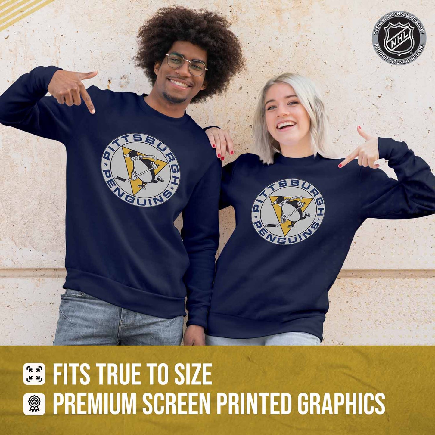 Pittsburgh Penguins Adult NHL Retro Logo Hockey Fleece Crewneck Sweatshirt - Navy Heather