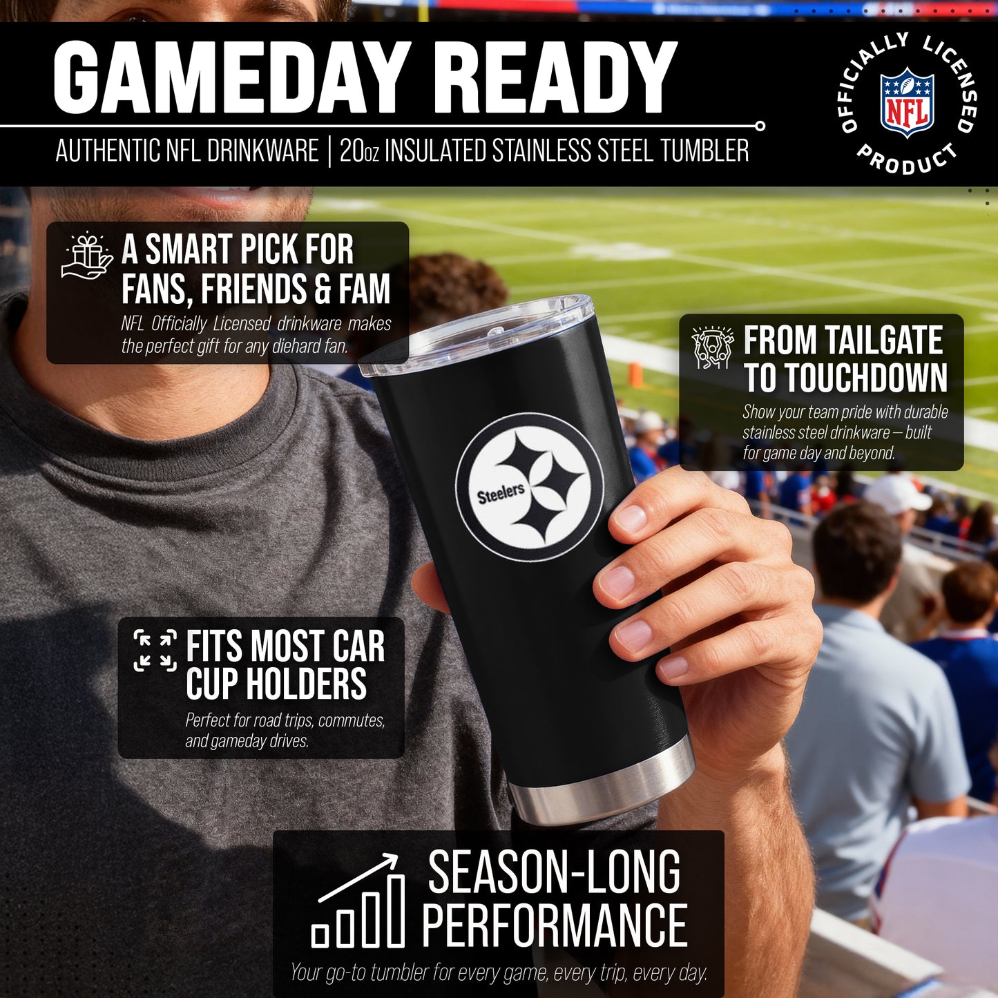 Pittsburgh Steelers NFL 20oz Gameday Stainless Steel Tumbler - Black