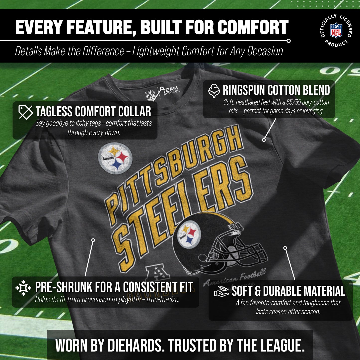 Pittsburgh Steelers NFL Adult Distressed Helmet Tag-Less T-Shirt - Heather Charcoal