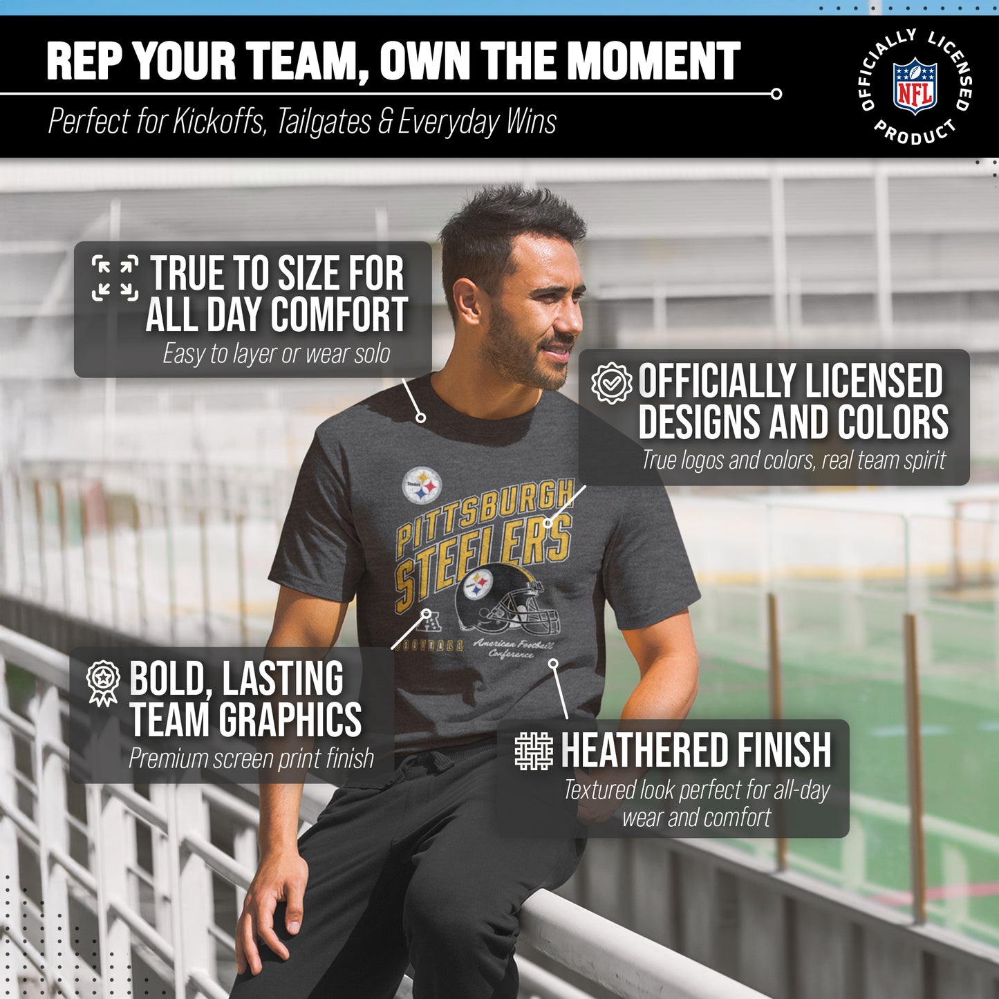 Pittsburgh Steelers NFL Adult Distressed Helmet Tag-Less T-Shirt - Heather Charcoal