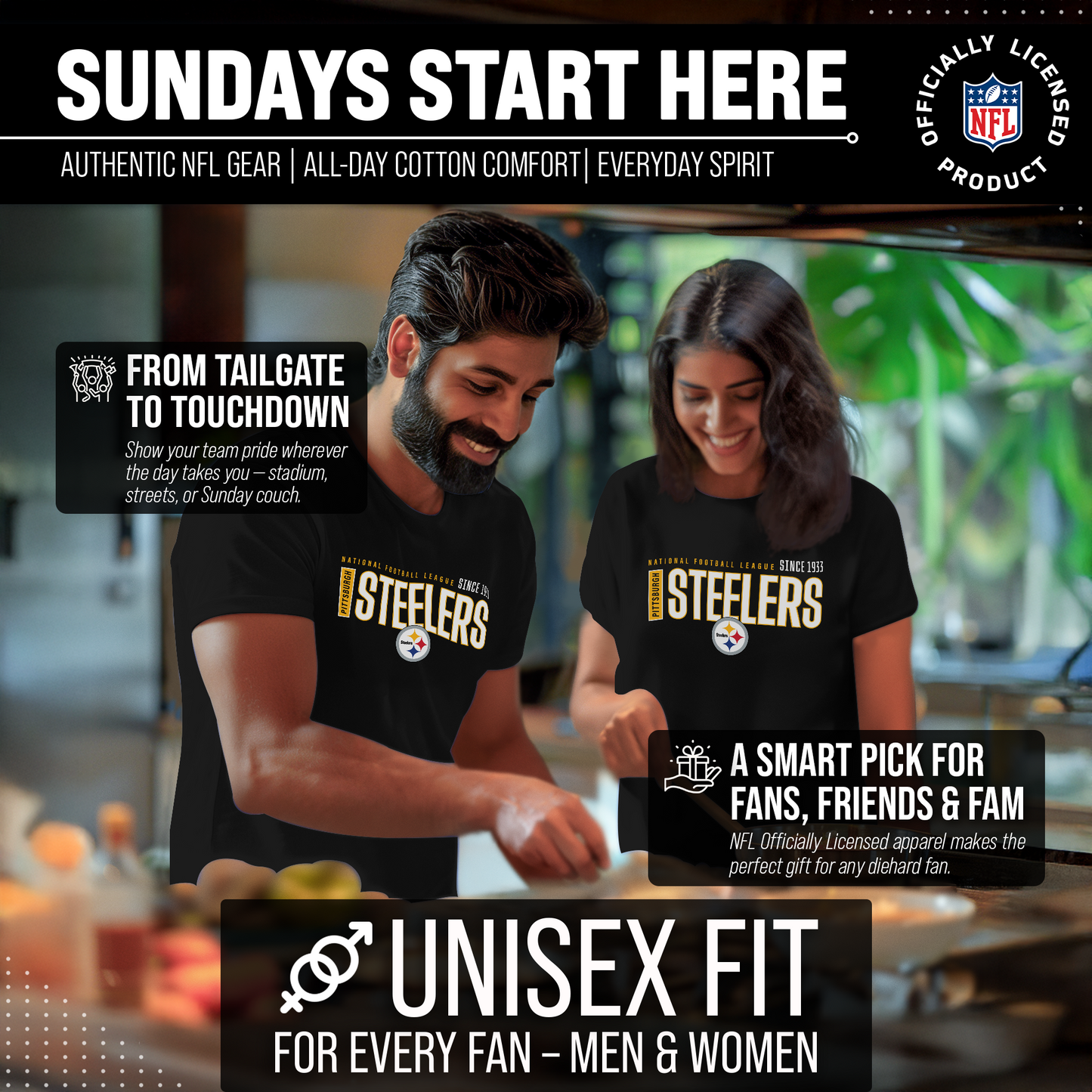 Pittsburgh Steelers NFL Adult Modern Endzone Tag-Less T-Shirt - Black