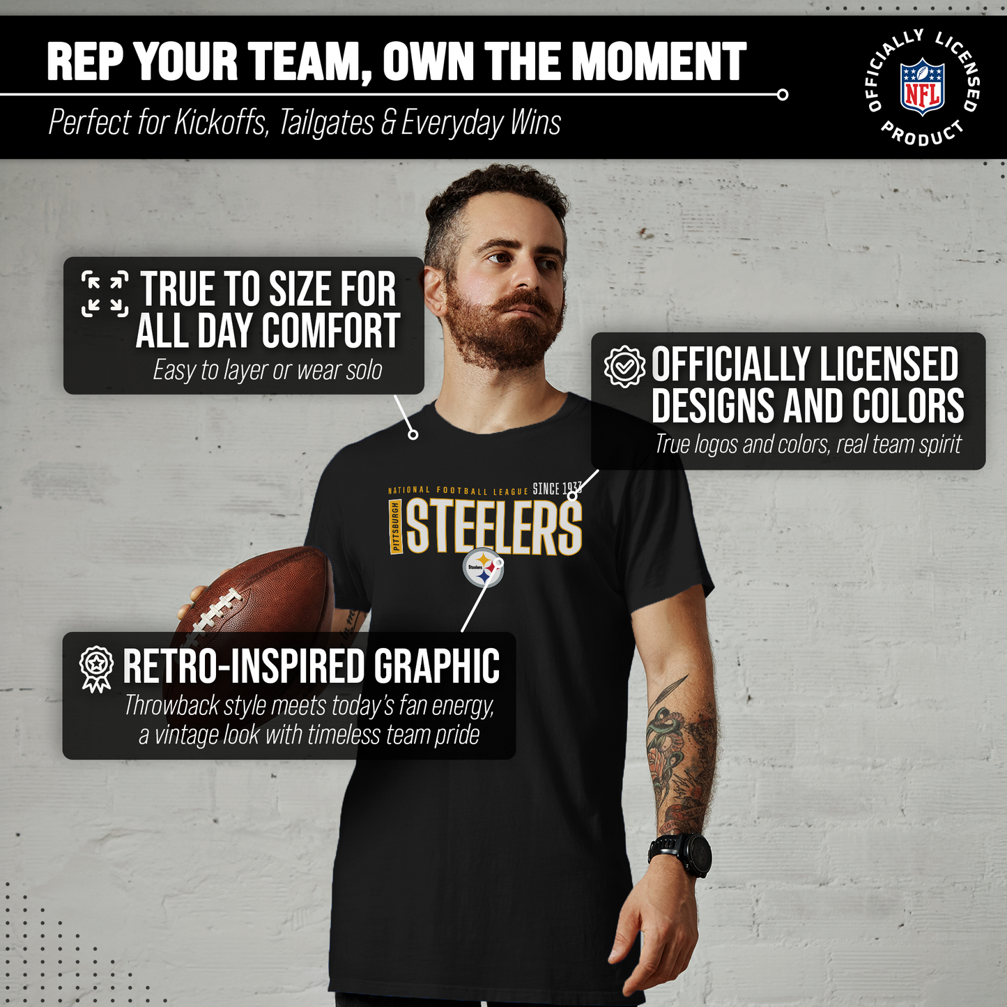 Pittsburgh Steelers NFL Adult Modern Endzone Tag-Less T-Shirt - Black