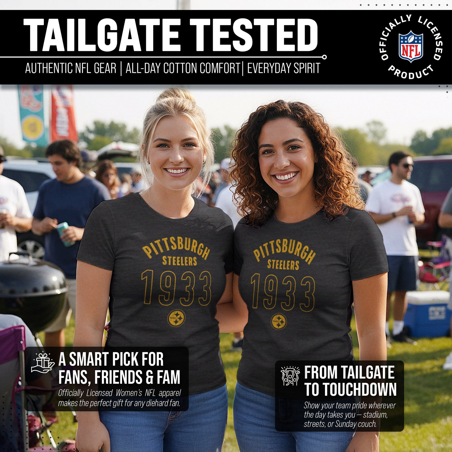 Pittsburgh Steelers NFL Womens Big Date Tag-Less T-Shirt - Black