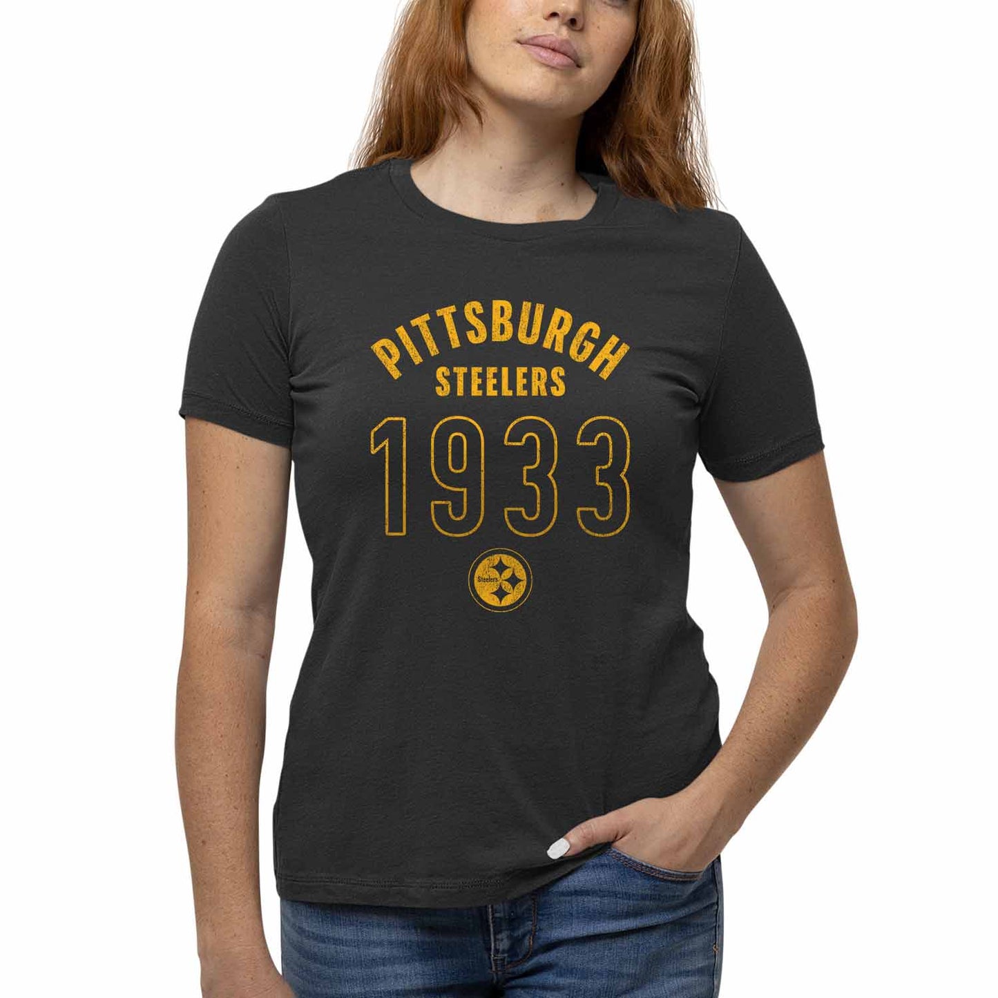 Pittsburgh Steelers NFL Womens Big Date Tag-Less T-Shirt - Black