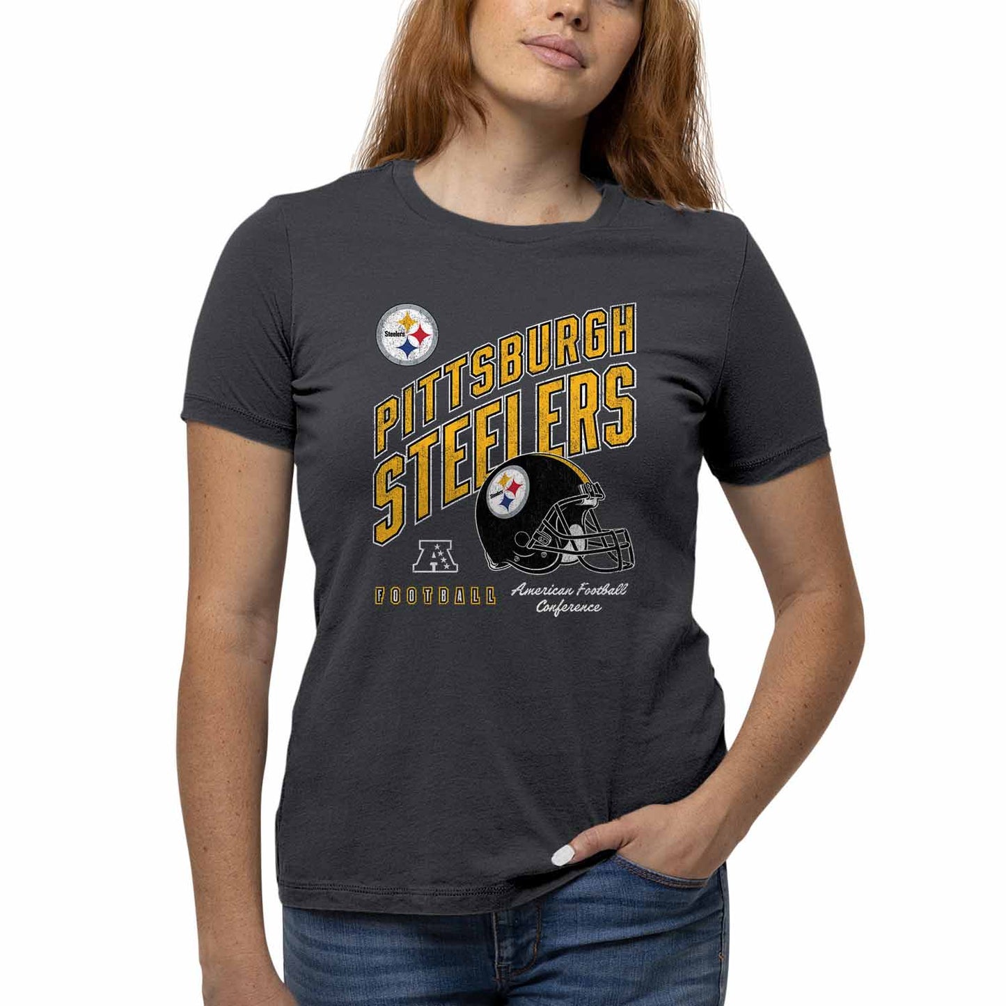 Pittsburgh Steelers NFL Womens Distressed Helmet Tag-Less Soft T-Shirt - Heather Charcoal