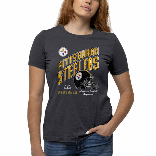 Pittsburgh Steelers NFL Womens Distressed Helmet Tag-Less Soft T-Shirt - Heather Charcoal