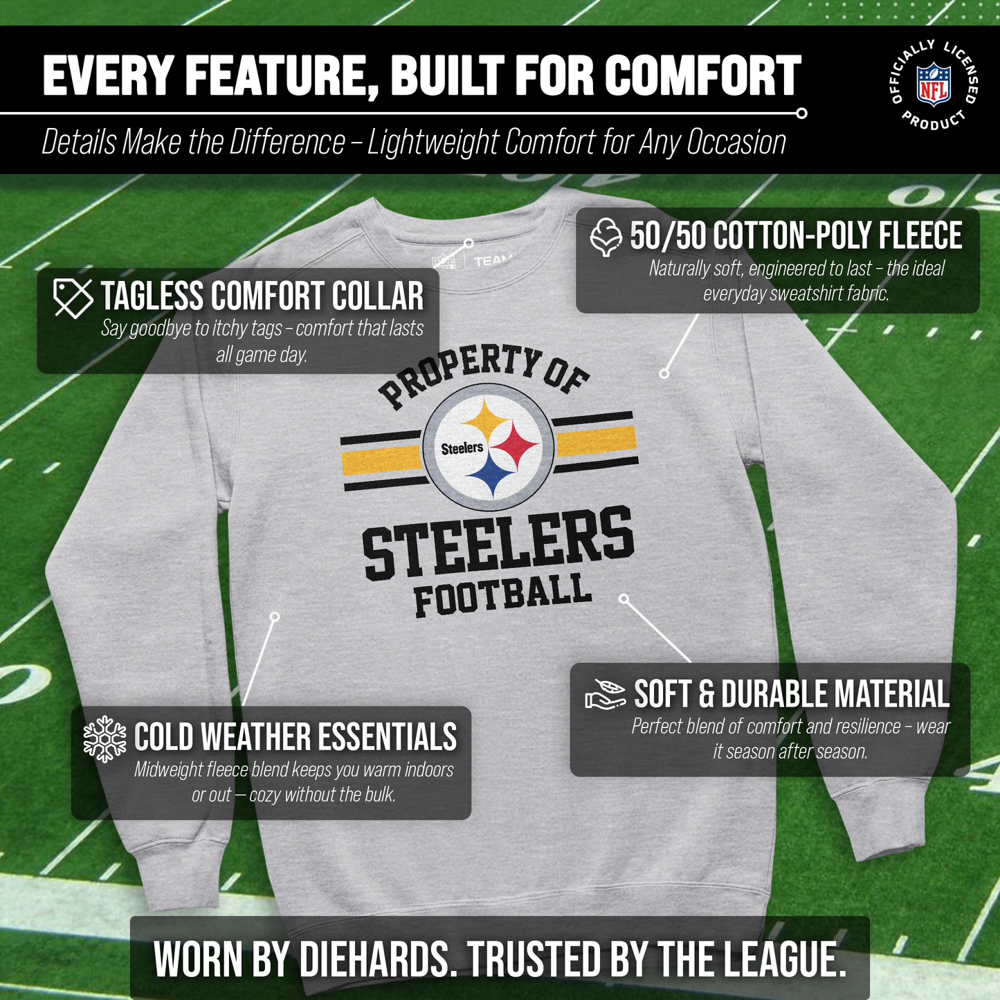 Pittsburgh Steelers NFL Adult Property Of Crewneck Fleece Sweatshirt - Sport Gray
