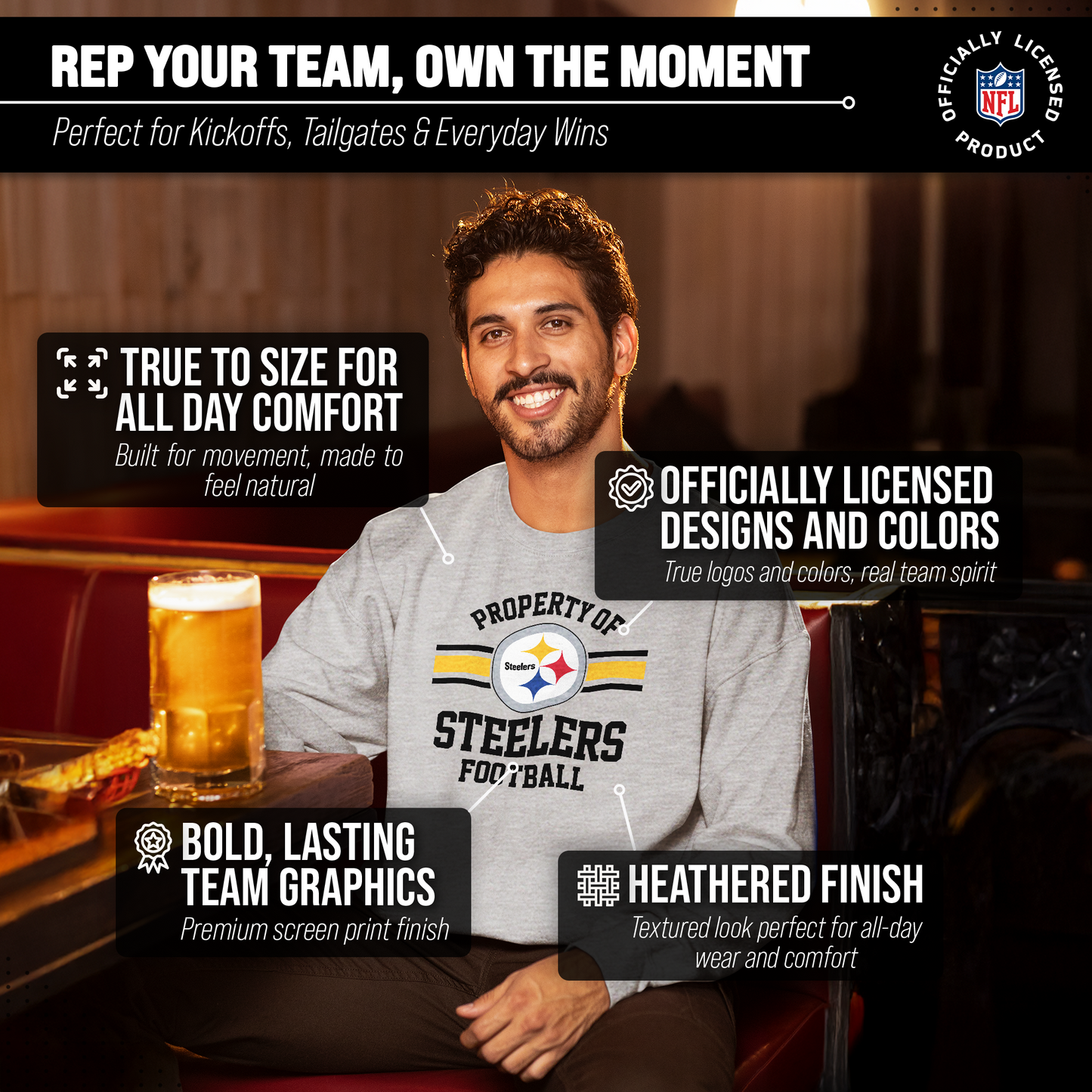 Pittsburgh Steelers NFL Adult Property Of Crewneck Fleece Sweatshirt - Sport Gray