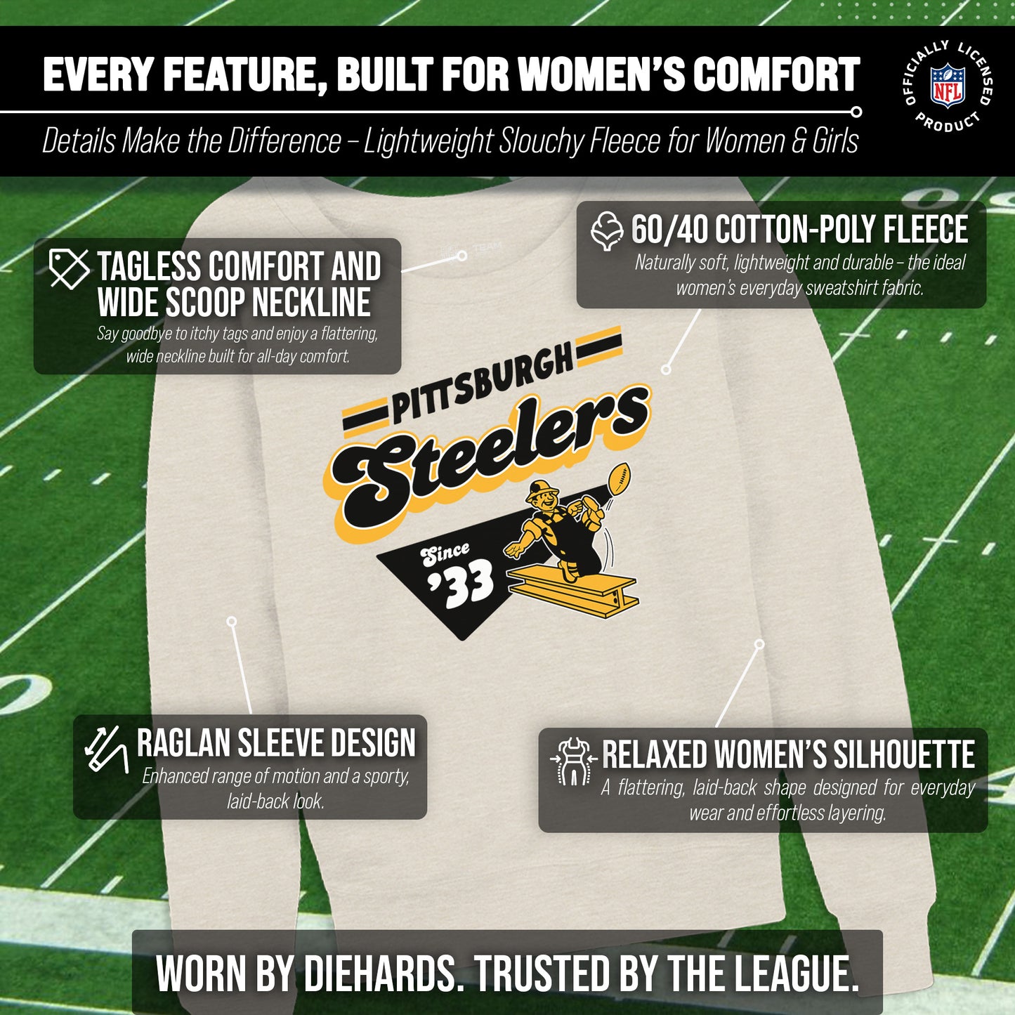 Pittsburgh Steelers NFL Womens Vintage Charm Slouchy Crewneck - Birch