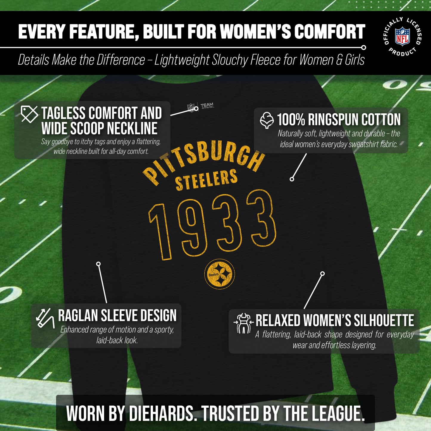 Pittsburgh Steelers NFL Womens Big Date Slouchy Crewneck - Black