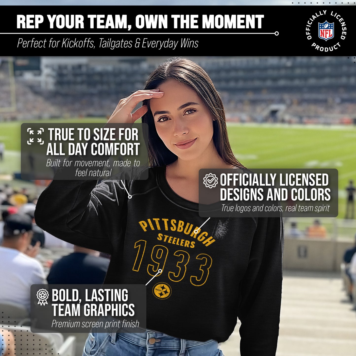 Pittsburgh Steelers NFL Womens Big Date Slouchy Crewneck - Black