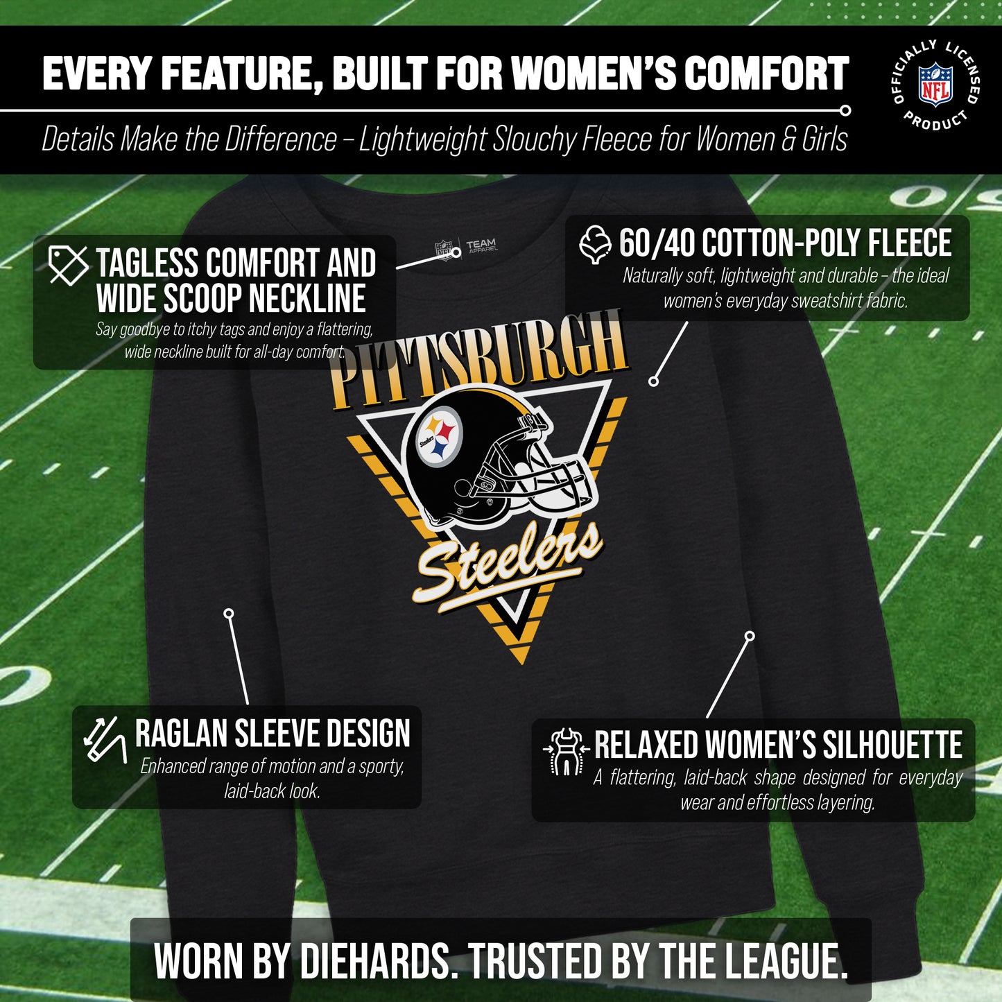 Pittsburgh Steelers NFL Womens Retro Triangle Slouchy Crewneck - Heather Charcoal