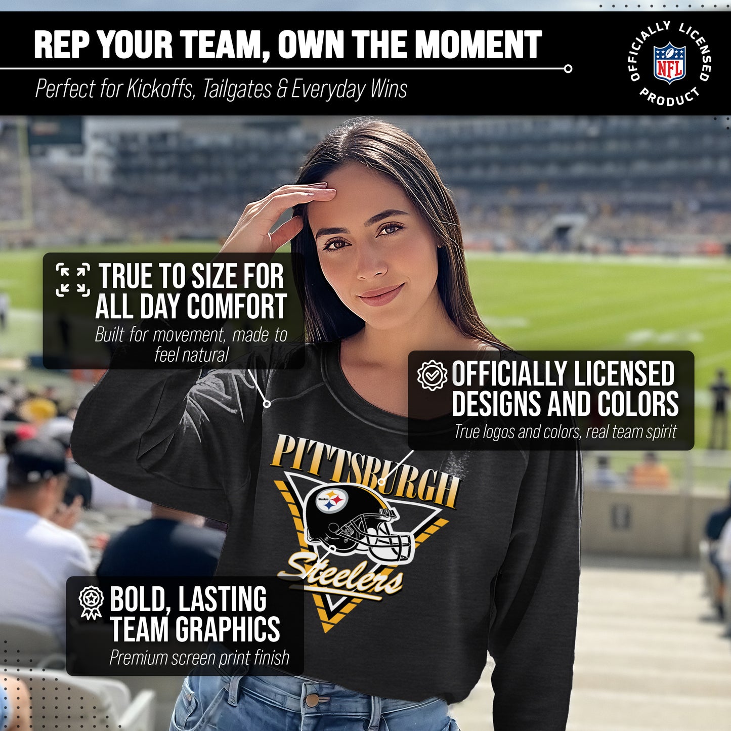 Pittsburgh Steelers NFL Womens Retro Triangle Slouchy Crewneck - Heather Charcoal