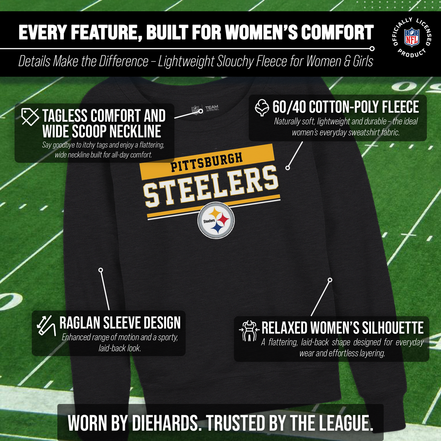 Pittsburgh Steelers NFL Womens Charcoal Crew Neck Football Apparel - Charcoal