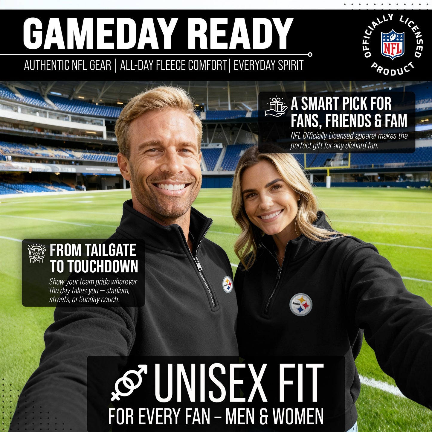 Pittsburgh Steelers NFL Adult Unisex Team Logo Quarter Zip Pullover Sweatshirt - Black