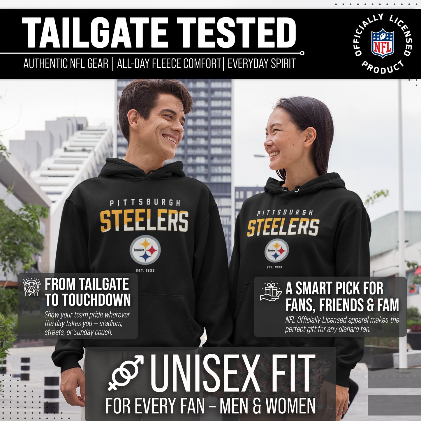 Pittsburgh Steelers Adult NFL Diagonal Fade Fleece Hooded Sweatshirt - Black