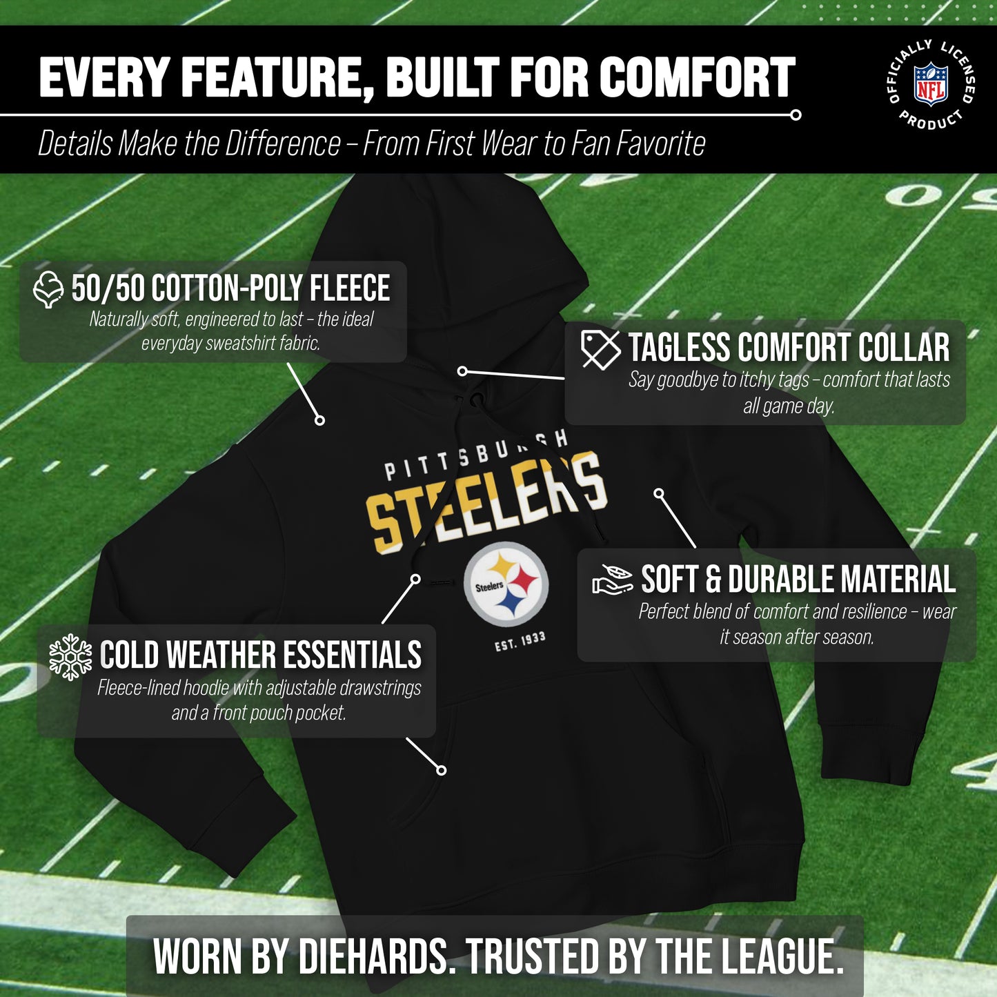 Pittsburgh Steelers Adult NFL Diagonal Fade Fleece Hooded Sweatshirt - Black