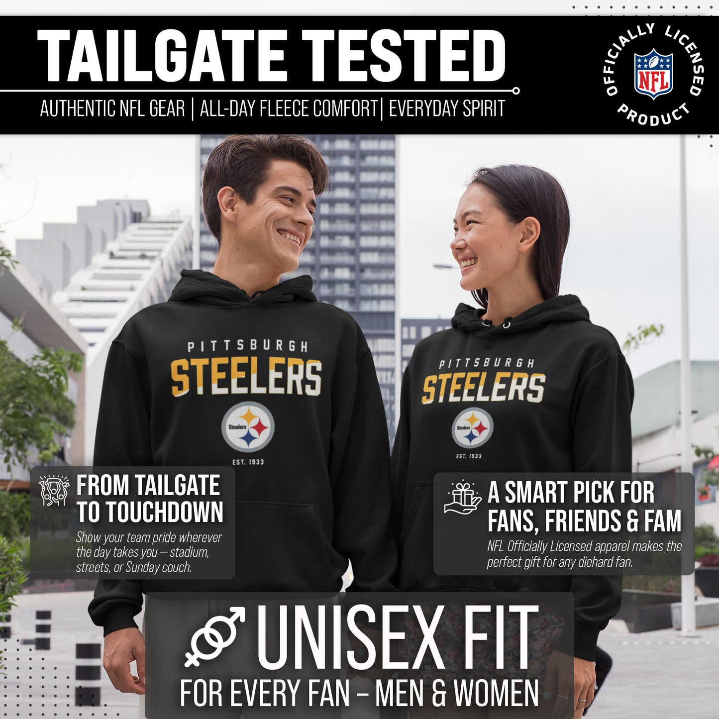 Pittsburgh Steelers Adult NFL Diagonal Fade Fleece Hooded Sweatshirt - Black