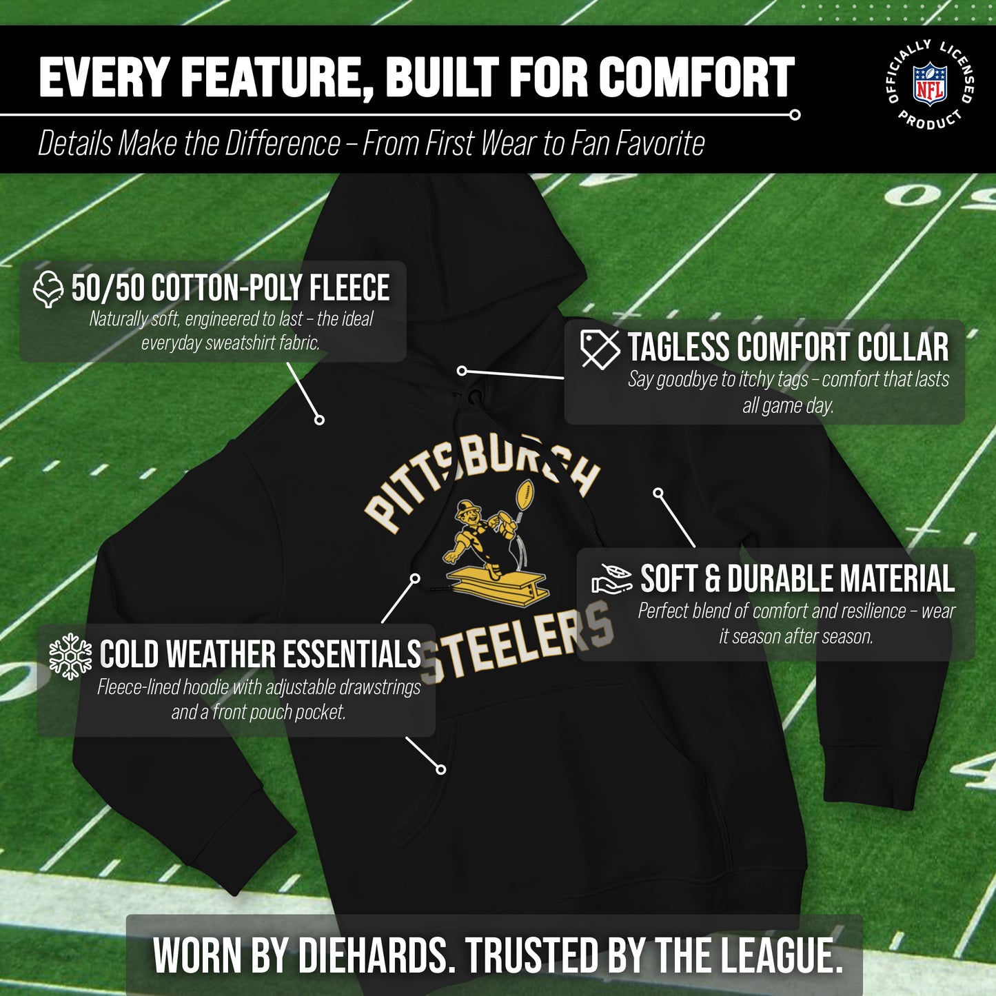 Pittsburgh Steelers NFL Adult Unisex Retro Gameday Ultra Soft Fleece Hooded Sweatshirt - Black